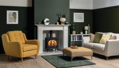 Huntingdon 30 Multi-Fuel Tracery Door with handle removed shown with Claremont Mantel in Antique White Marble